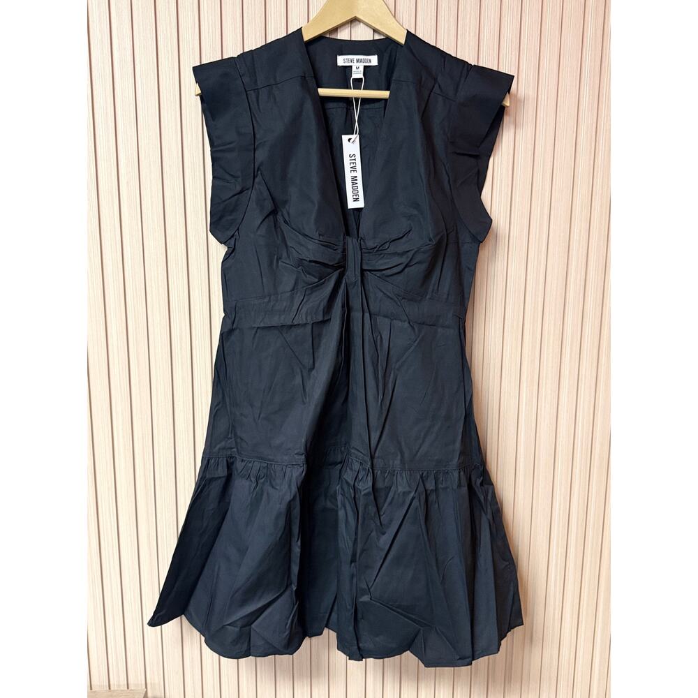 Steve Madden Twist Front Tiered Mini Dress Black Cotton Babydoll Size M - Picture 2 of 10